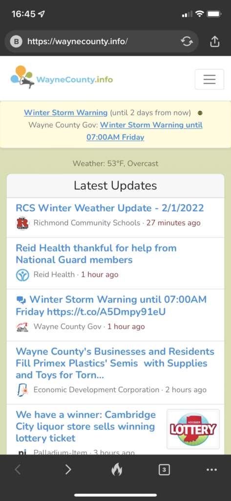 Screenshot of the WayneCounty.info website as seen on a mobile device